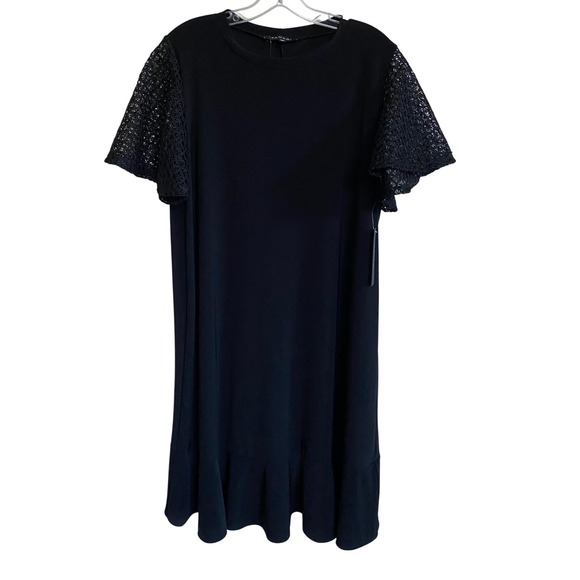 Tahari Solid Black Stretch Body Elegant Lace Sleeve Plus size dress 1X - NWT - Picture 1 of 13
